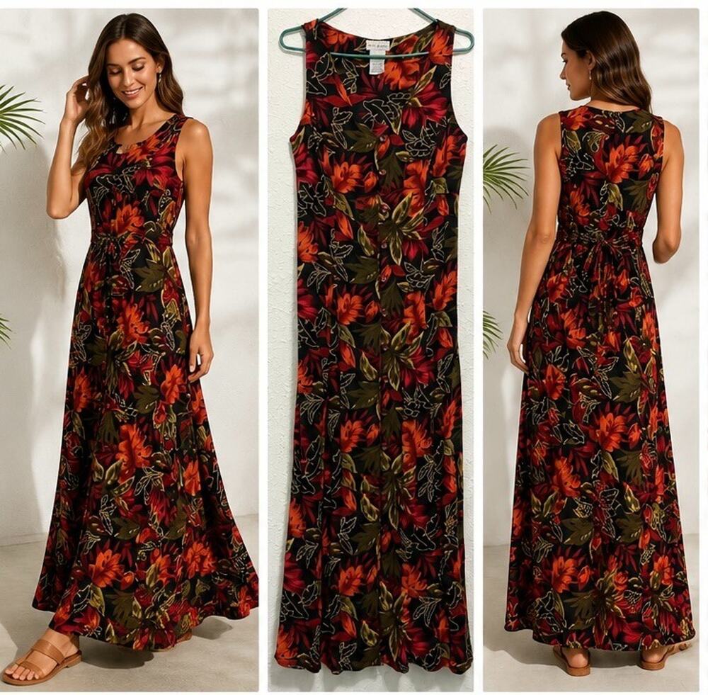 Vtg White Stag Tropical Floral Button Front Maxi Dress Black Multi Resort Sz L